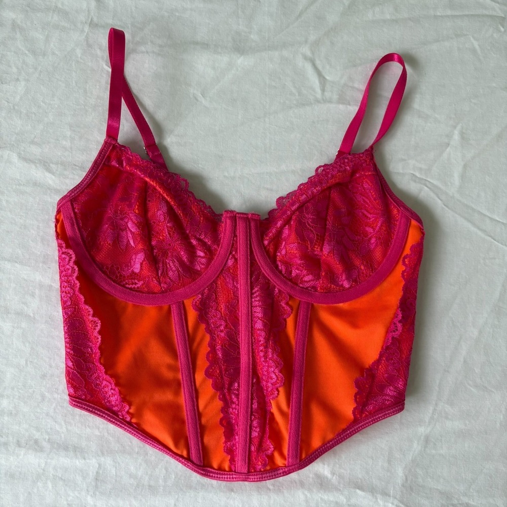 Womens Orange Hot Pink Romatic Lace Trim Corset Bustier Top Size XS